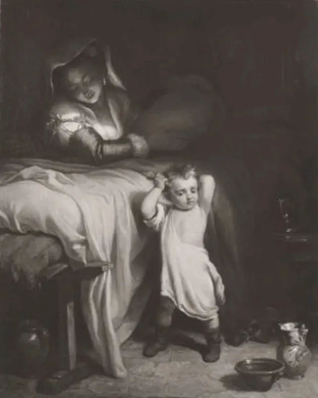 Interior with a woman and a little boy - Louis Brüls - 1856