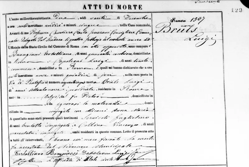 Death certificate of Luigi Brüls, Rome, 1882