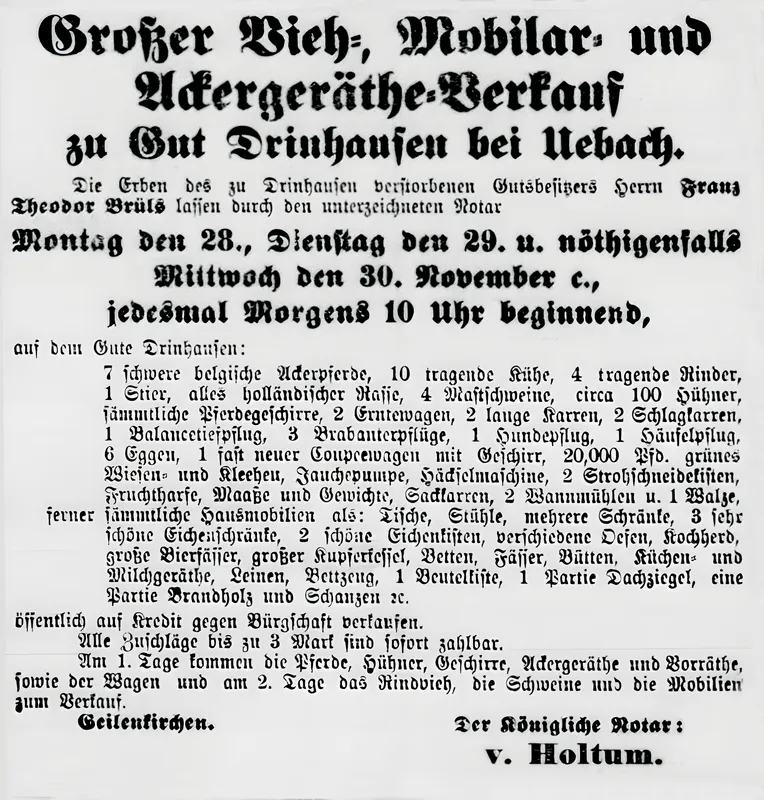 Echo der Gegenwart notice from November 1892 concerning Gut Drinhausen