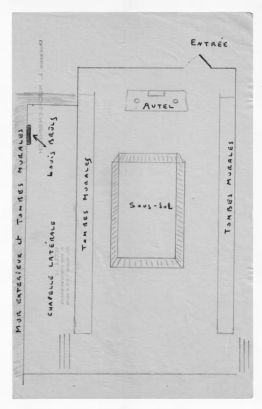 Hand-drawn plan showing the position of Louis Brüls's tomb
