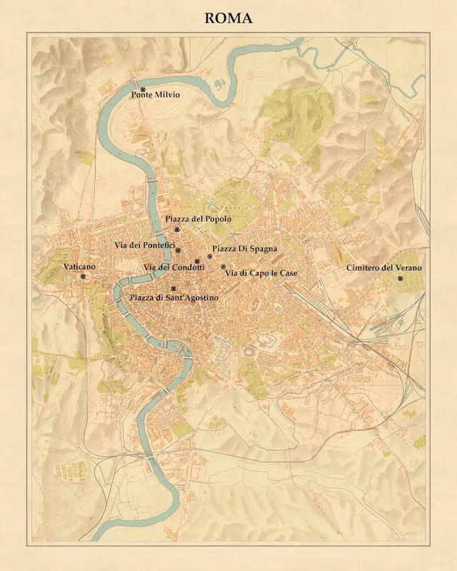 Historische Karte von Rom mit Orten, die mit Louis Brüls verbunden sind